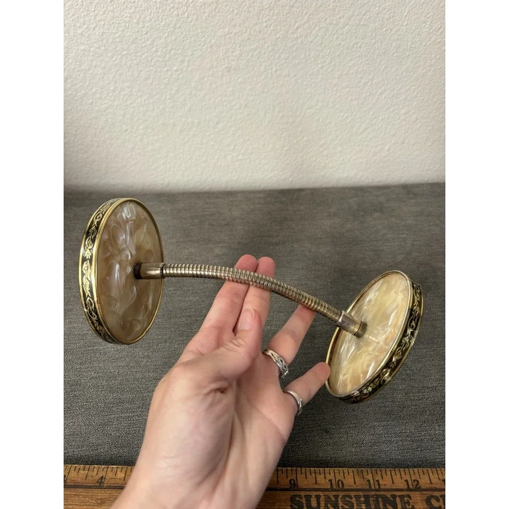Vintage Vanity Mirror Gooseneck Double Sided Round Magnifying Ivory Gold Plastic